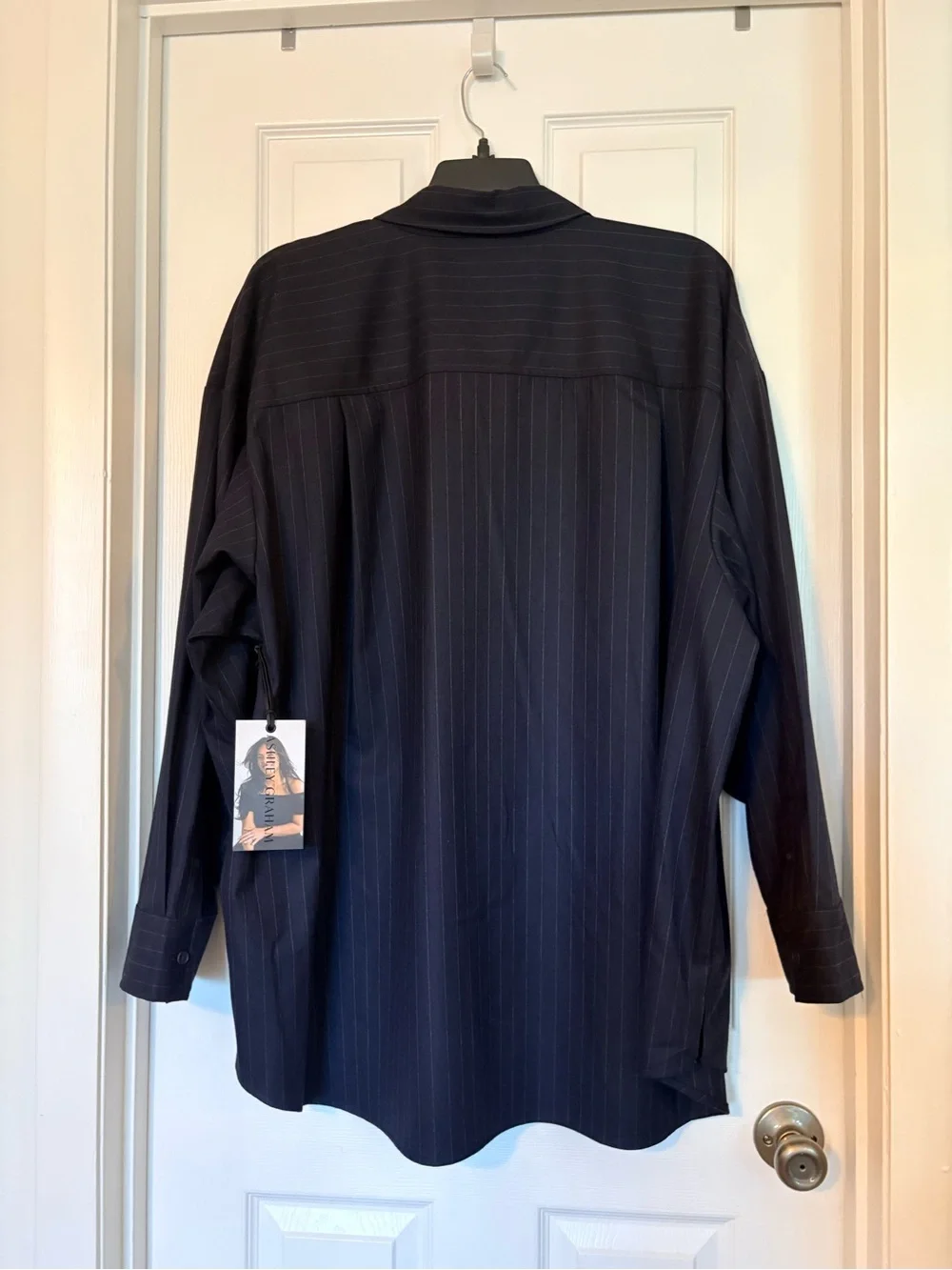 NWT Ashley Graham Navy Pinstripe Oversized Button Down Shirt - Picture 7 of 16